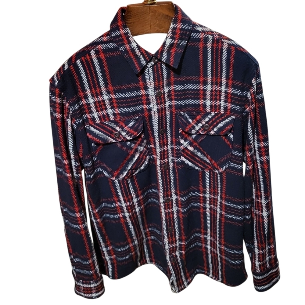 Duluth Mens Untucked Heavy Blue & Red Plaid Flannel Shirt Shacket Size Medium